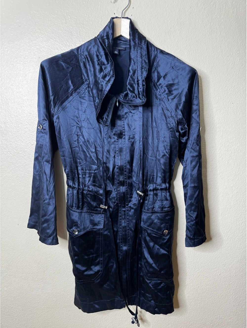 Banana Republic Womens 4 Navy Blue 100% Silk Utility Jacket Drawstring Waist